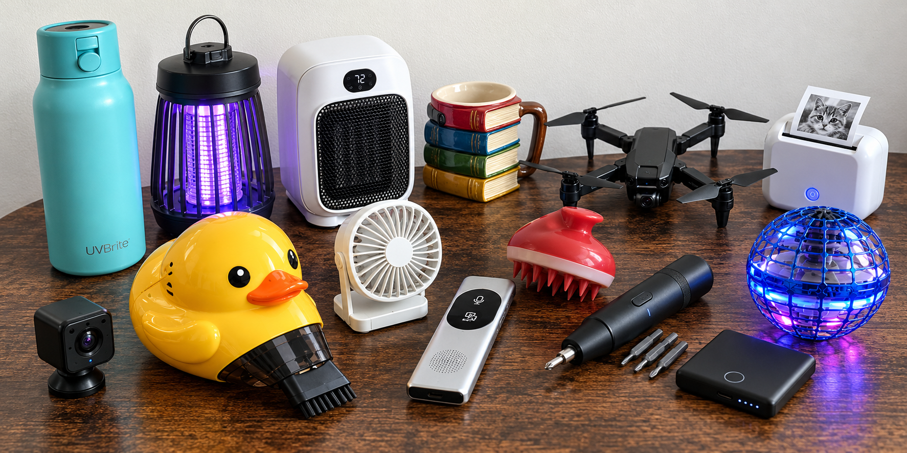 Useful gadgets arranged on a wooden table, including a yellow duck vacuum and a blue flying ball