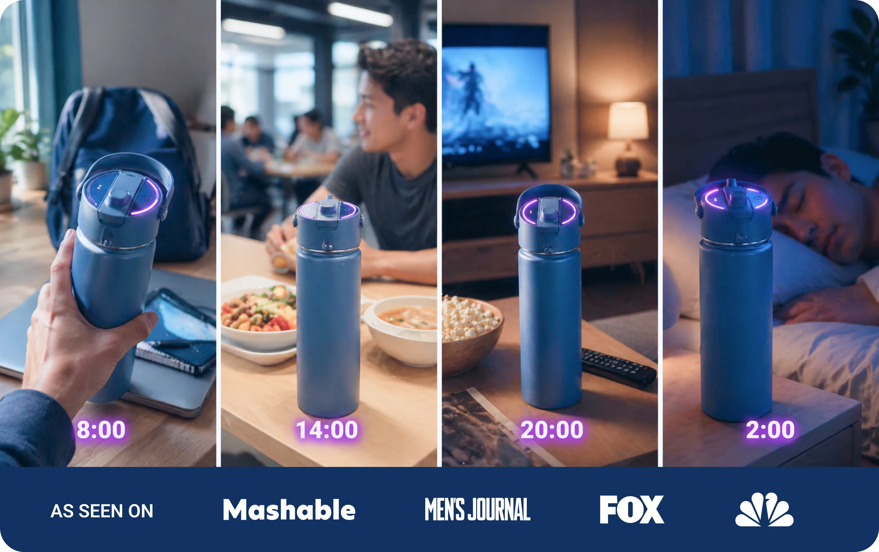 BEAM+ bottle shown at four times of day during its automatic cleaning cycle