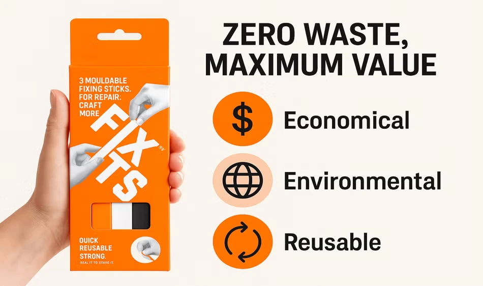 FixIts mouldable repair sticks in orange packaging with economy, environmental and reuse icons