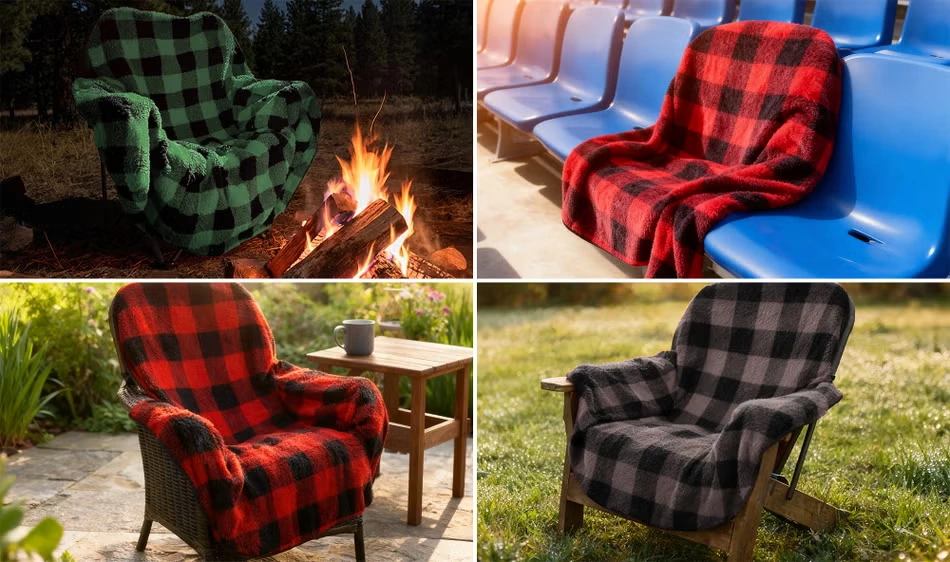 The Chair Blanket shown on camping, stadium and patio chairs in four outdoor settings