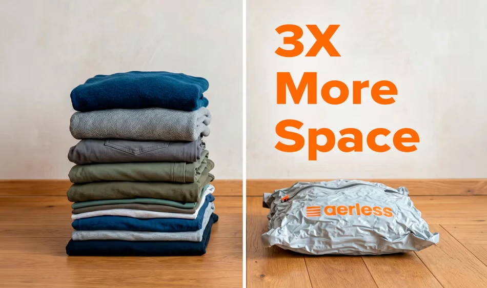 Aerless vacuum bag beside a stack of unpacked clothing