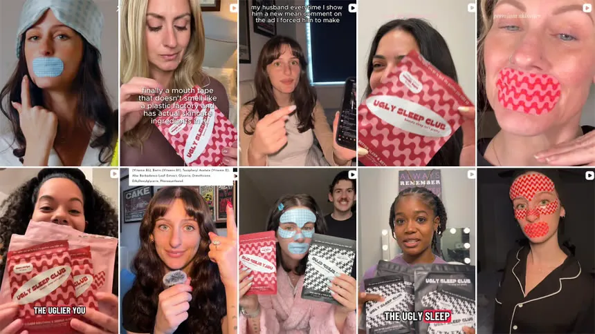 Collage of people showing Ugly Sleep Club mouth-tape products and packaging