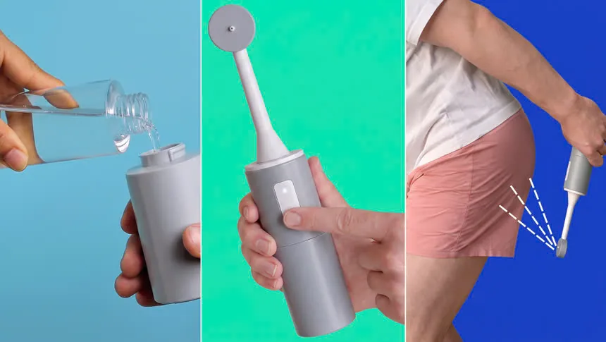 BumBum portable bidet being filled, its extended nozzle, and a demonstration of use