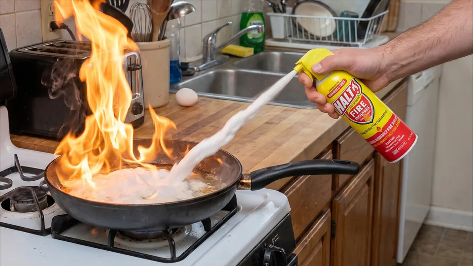 Halt! Fire compact fire-extinguishing spray canister in the advertiser's demonstration
