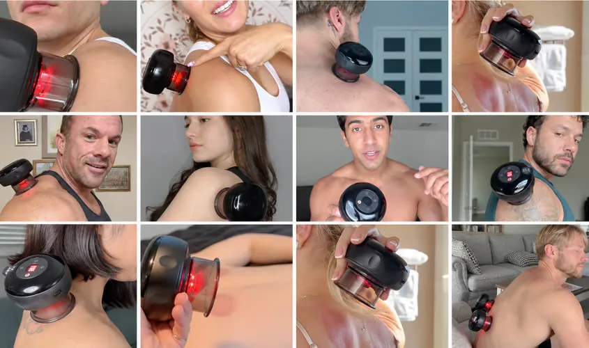 Collage showing the Revo cupping massager in use on shoulders, neck and back