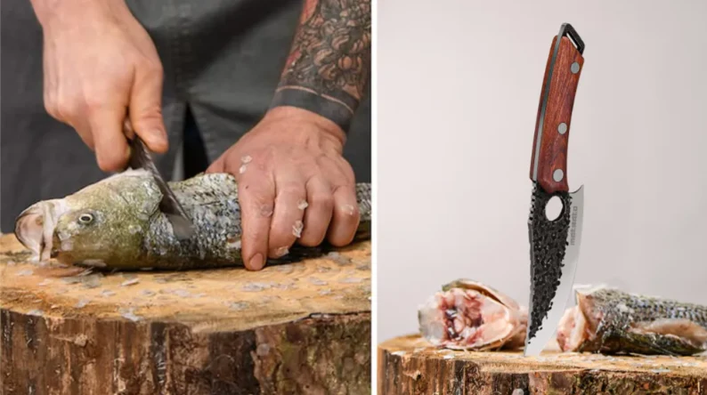 Matsato kitchen knife preparing a fish, alongside a close-up of its blade and wooden handle